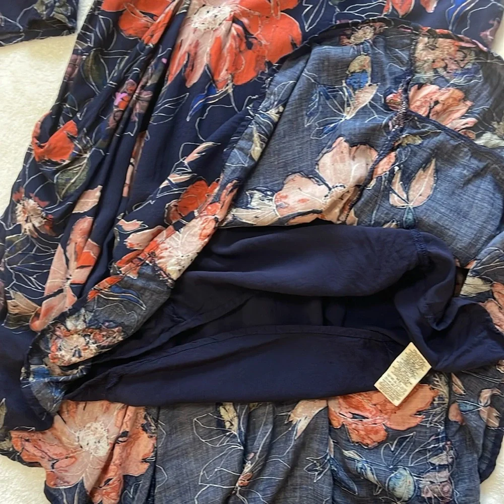 Free People Floral Navy and Orange Lined Dress Size 0 EUC